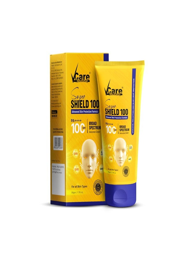 VCare Super Shield Sunscreen SPF 100 PA++++ | Lightweight & Non-Greasy | No White Cast | Broad Spectrum & High protection againts UVA,UVB,Blue Light| Dermatologically Tested | for Women & Men - 50gm - Image 1