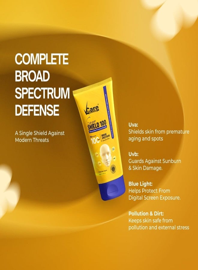 VCare Super Shield Sunscreen SPF 100 PA++++ | Lightweight & Non-Greasy | No White Cast | Broad Spectrum & High protection againts UVA,UVB,Blue Light| Dermatologically Tested | for Women & Men - 50gm - Image 3