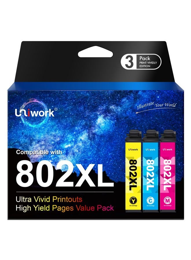 Uniwork Remanufactured Ink Cartridge Replacement for Epson 802XL 802 T802XL T802 use for Workforce Pro WF-4740 WF-4730 WF-4720 WF-4734 EC-4020 EC-4030 Printer Tray (1 Cyan 1 Magenta 1 Yellow 3 Pack) - Image 1