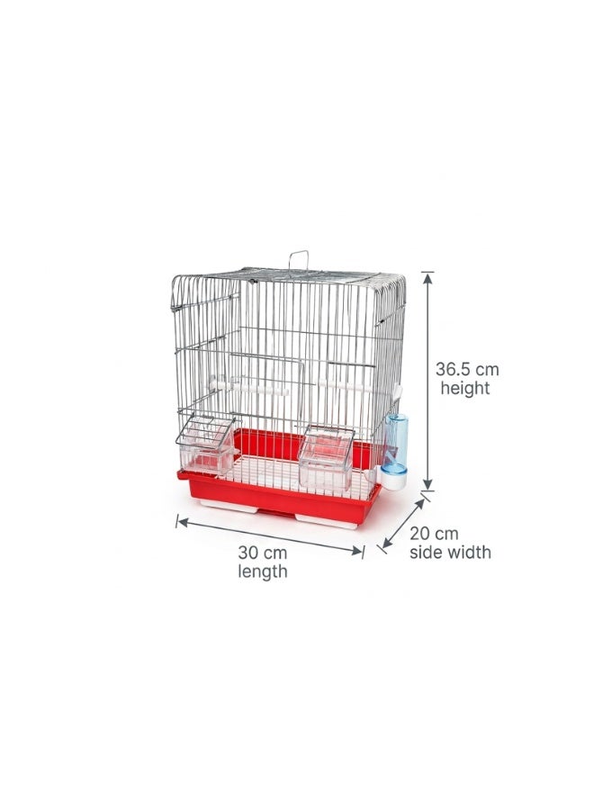 Premium Rectangular Bird Cage - 30x20x36.5cm Brushed Metal Finish Mesh Top with 2 Feeder Bowls, 2 Side-Hooked Perches & 1 Water Feeder - Available in Red/Green Base - Image 3