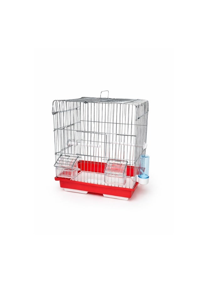Premium Rectangular Bird Cage - 30x20x36.5cm Brushed Metal Finish Mesh Top with 2 Feeder Bowls, 2 Side-Hooked Perches & 1 Water Feeder - Available in Red/Green Base - Image 2