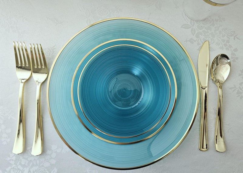 OCCASIONS FINEST PLASTIC TABLEWARE " OCCASIONS " 50 Plates Pack (25 Guests)-Wedding Party Disposable Plastic Plate Set -25 x 10'' Dinner + 25 x 7'' Salad & Dessert plates (Belize in Aqua & Gold) - Image 5