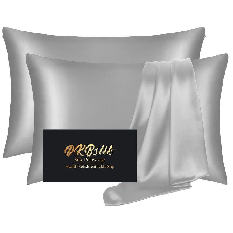 DKBslik Silk Pillowcase 2 Pack, Mulberry Silk Pillow Cases Queen Size Set of 2, Anti Acne Silk Pillowcase for Hair and Skin, Natural Silk Satin Pillowcases Gifts for Women Men 2 Pack with Hidden Zipper, Grey - Image 1