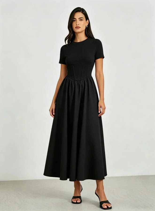 Take Two Black Fitted Corset Waist A-Line Midi Dress