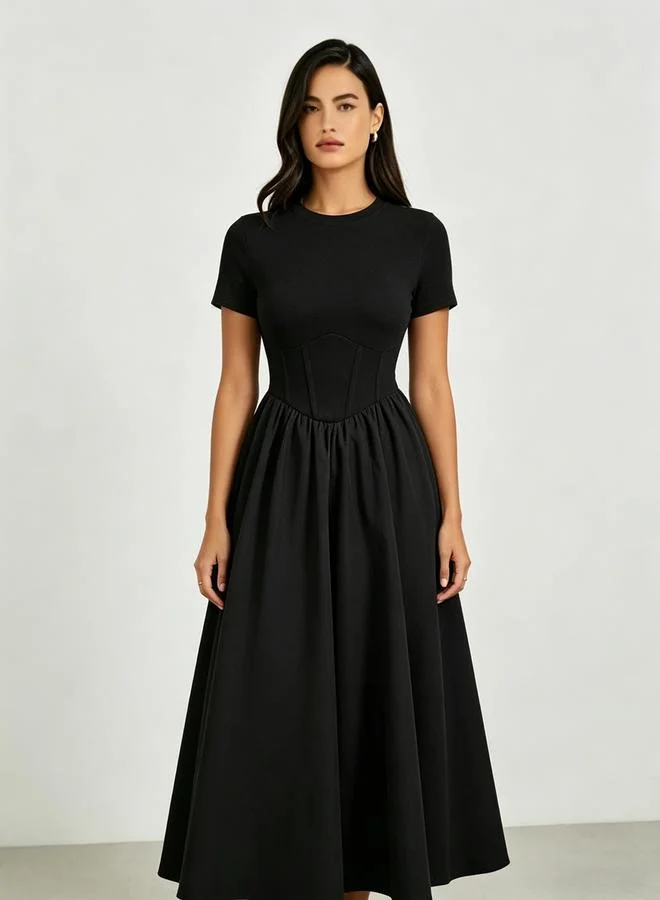 Take Two Black Fitted Corset Waist A-Line Midi Dress
