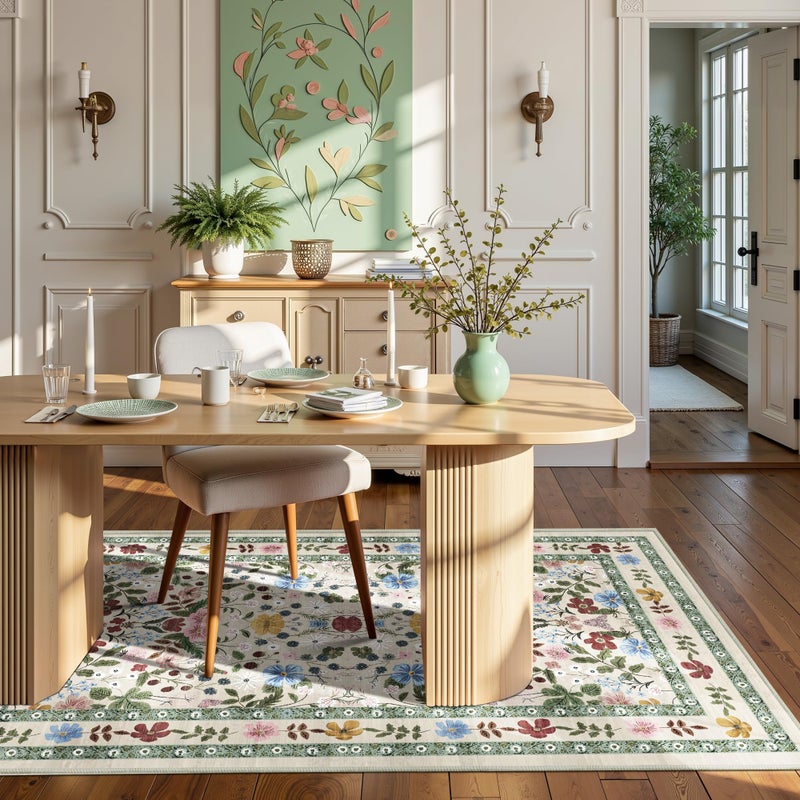 Deerly Floral Area Rugs 3x5 Small Thin Entryway Rug - Vintage Boho Washable Non-Slip Living Room Carpet Soft Low Pile Bedroom Floor Mat Indoor Home Decor for Dining Room Playroom Farmhouse, Beige/Green/Multi - Image 3