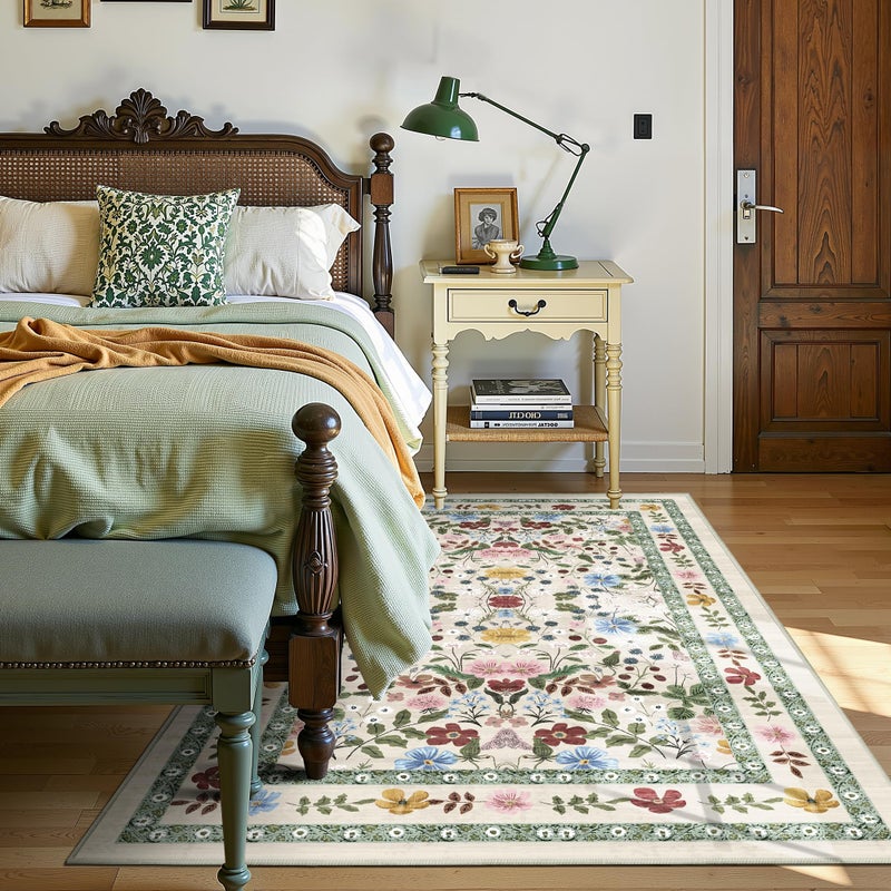 Deerly Floral Area Rugs 3x5 Small Thin Entryway Rug - Vintage Boho Washable Non-Slip Living Room Carpet Soft Low Pile Bedroom Floor Mat Indoor Home Decor for Dining Room Playroom Farmhouse, Beige/Green/Multi - Image 2
