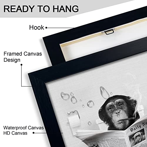LUDUHU Funny Monkey Framed Wall Art in Bathtub,Black and White Canvas Monkey Wall Art Prints Farmhouse Bathroom Decor,Humor Animals Bathroom Painting Canvas Rustic Style Artwork(12"x16", Framed) - Image 4