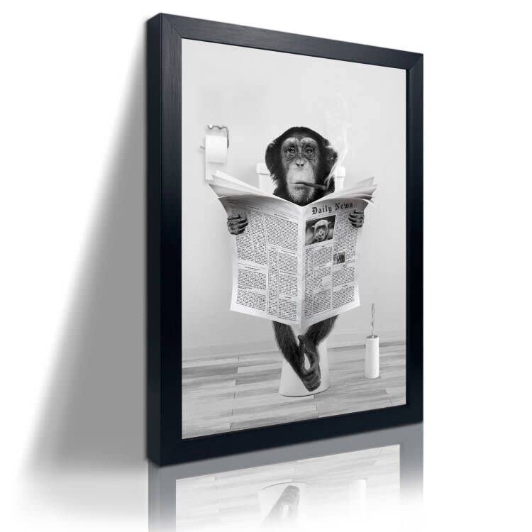LUDUHU Funny Monkey Framed Wall Art in Bathtub,Black and White Canvas Monkey Wall Art Prints Farmhouse Bathroom Decor,Humor Animals Bathroom Painting Canvas Rustic Style Artwork(12"x16", Framed) - Image 1