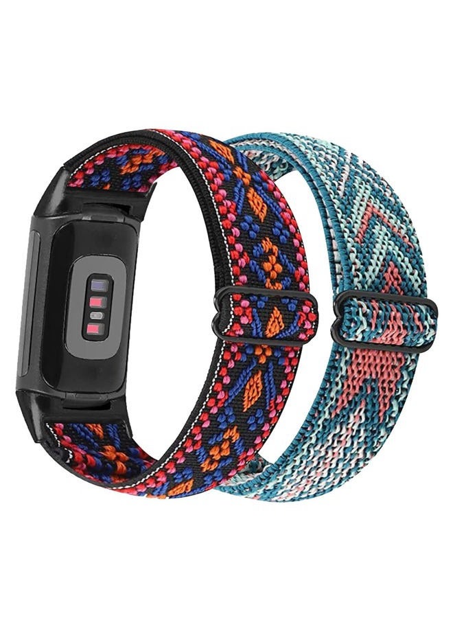 Abanen 2 Pack Elastic Bands for Fitbit Charge 6 / Charge 5, Soft Nylon Stretchy Embroidery Loop Breathable Wristband Strap with Adjustable Clasp for Charge 5 Advanced Tracker (Blue Pink- Red Orange) - Image 1