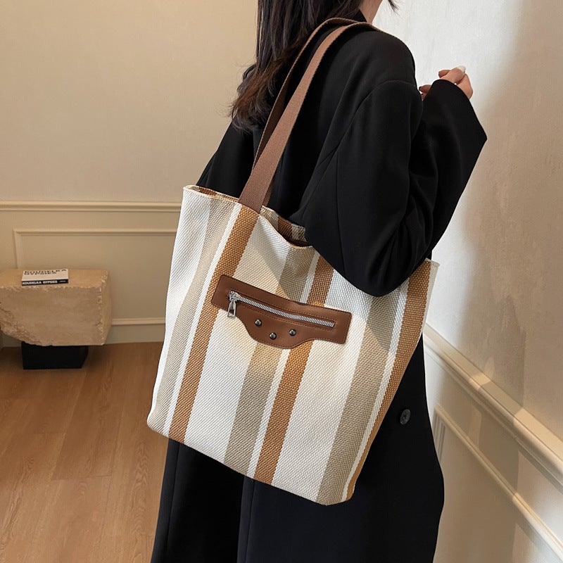 Fashion Canvas Bag Commuter Simple Large Capacity Tote Bag Striped Contrast Color Design Shoulder Bag Underarm Bag - Image 4