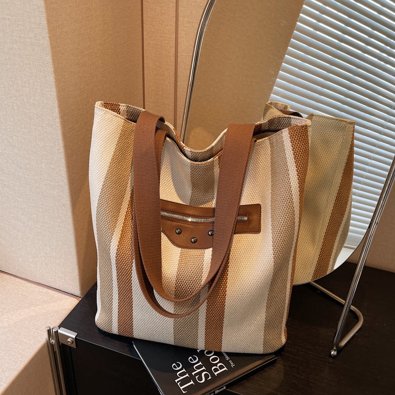 Fashion Canvas Bag Commuter Simple Large Capacity Tote Bag Striped Contrast Color Design Shoulder Bag Underarm Bag - Image 3