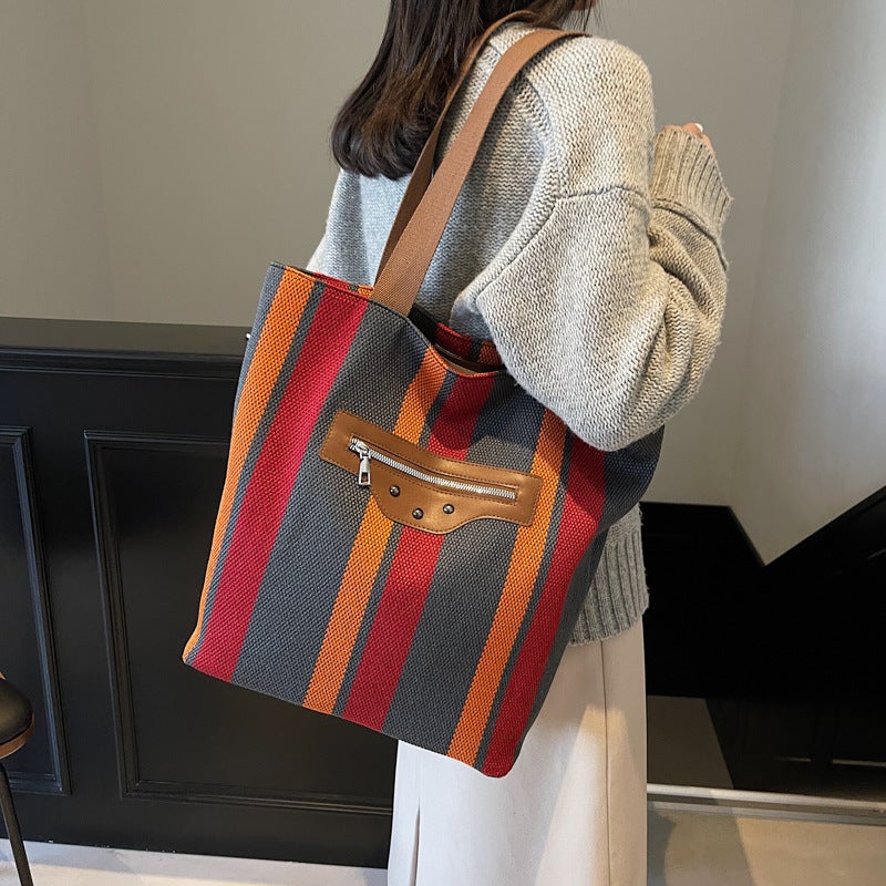 Fashion Canvas Bag Commuter Simple Large Capacity Tote Bag Striped Contrast Color Design Shoulder Bag Underarm Bag - Image 2