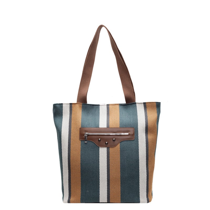 Fashion Canvas Bag Commuter Simple Large Capacity Tote Bag Striped Contrast Color Design Shoulder Bag Underarm Bag - Image 1