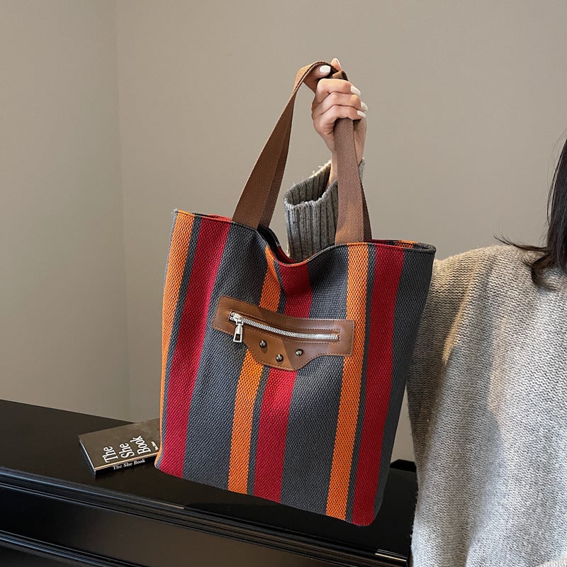 Fashion Canvas Bag Commuter Simple Large Capacity Tote Bag Striped Contrast Color Design Shoulder Bag Underarm Bag - Image 5
