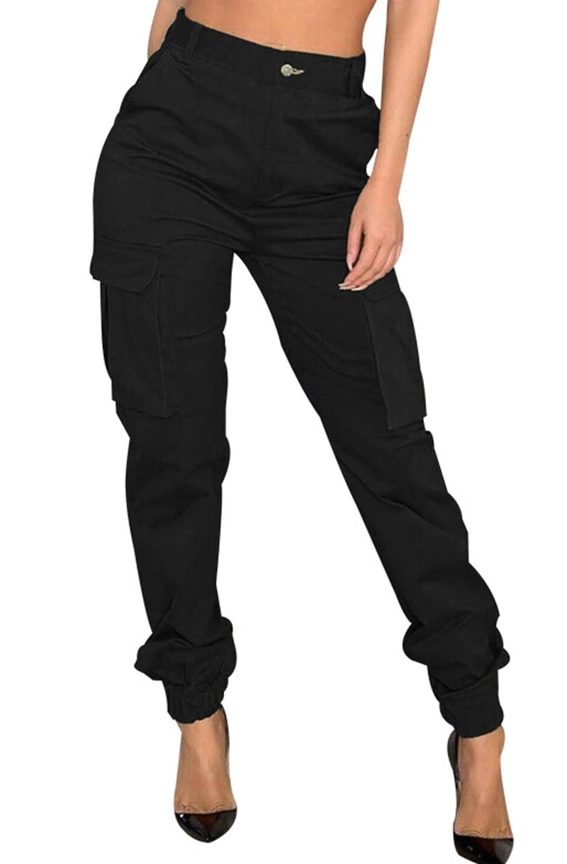 CaniBtr Cargo Pants Women Joggers with Flap Pockets High Waisted Slim Casual Hiking Active Sweatpants Combat Trousers(Black,XL) - Image 1