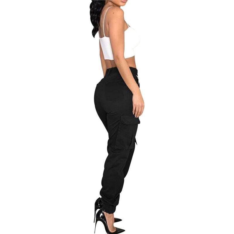 CaniBtr Cargo Pants Women Joggers with Flap Pockets High Waisted Slim Casual Hiking Active Sweatpants Combat Trousers(Black,XL) - Image 2