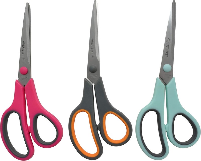 Westcott 8" Straight Stainless Steel Soft Handle Scissors, Assorted Colors, Pack of 3 - Image 1