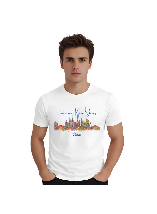 تي شيرت رجالي Happy New Year Dubai للكبار - تي شيرت رجالي برقبة دائرية وأكمام قصيرة مع سنة جديدة سعيدة وتصميم دبي - مثالي للاحتفال بحفلة رأس السنة الجديدة - Image 1