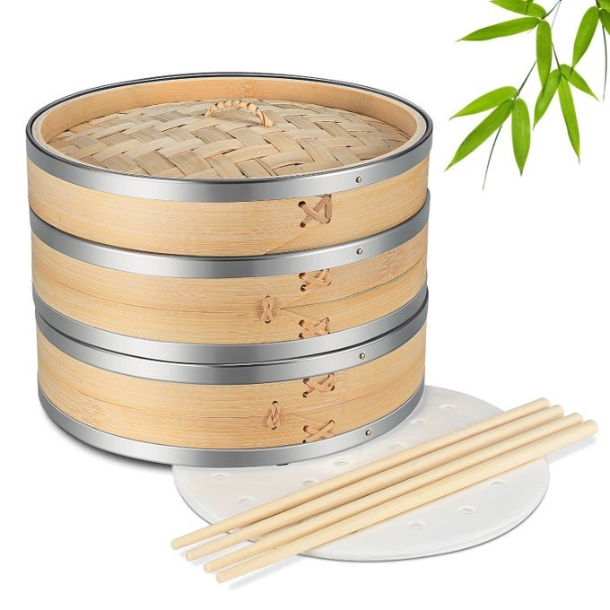 BAMBOO STEAMER BASKET SET 10 INCH WITH STAINLESS STEEL BANDING 50 X STEAMER LINERS AND 2 PAIRS OF CHOPSTICKS STEAM BASKETS FOR DIMSUM DUMPLINGS RICE VEGETABLES FISH AND MEAT