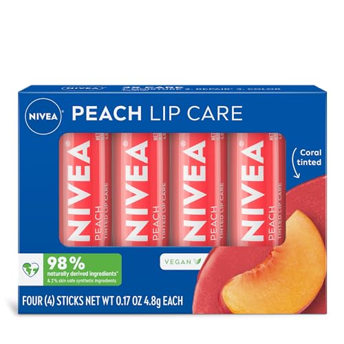 NIVEA Peach Lip Care, Tinted Lip Balm Pack with Shea Butter, Nourishing Oils and Vitamin C & E, 3-in-1 Moisture, Repair and Color, 0.17 Oz Stick, Pack of 4 - Image 1