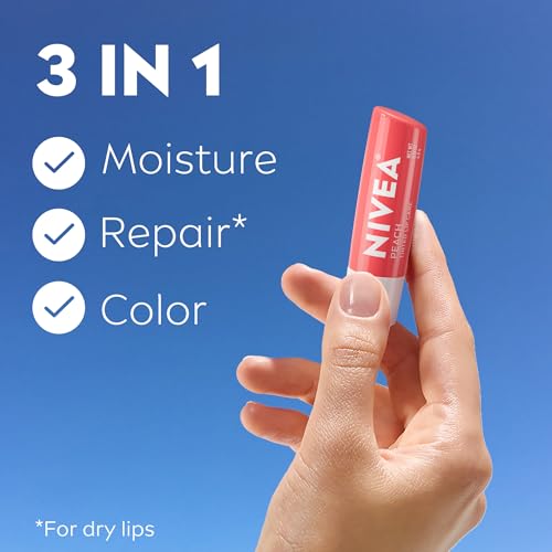NIVEA Peach Lip Care, Tinted Lip Balm Pack with Shea Butter, Nourishing Oils and Vitamin C & E, 3-in-1 Moisture, Repair and Color, 0.17 Oz Stick, Pack of 4 - Image 3