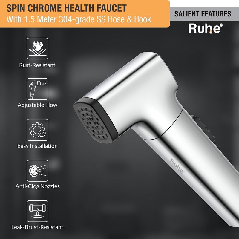 Ruhe® Spin Health Faucet Set for Bathroom | Handheld 360° Adjustable Head Jet Spray for Toilet | ABS Hand Spray Gun with 304-Grade Stainless Steel Flexible Shower Tube 1.5 Meter and Wall Hook/Holder - Image 2