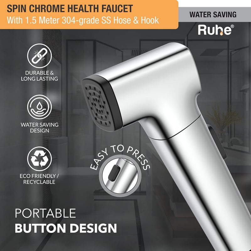 Ruhe® Spin Health Faucet Set for Bathroom | Handheld 360° Adjustable Head Jet Spray for Toilet | ABS Hand Spray Gun with 304-Grade Stainless Steel Flexible Shower Tube 1.5 Meter and Wall Hook/Holder - Image 4