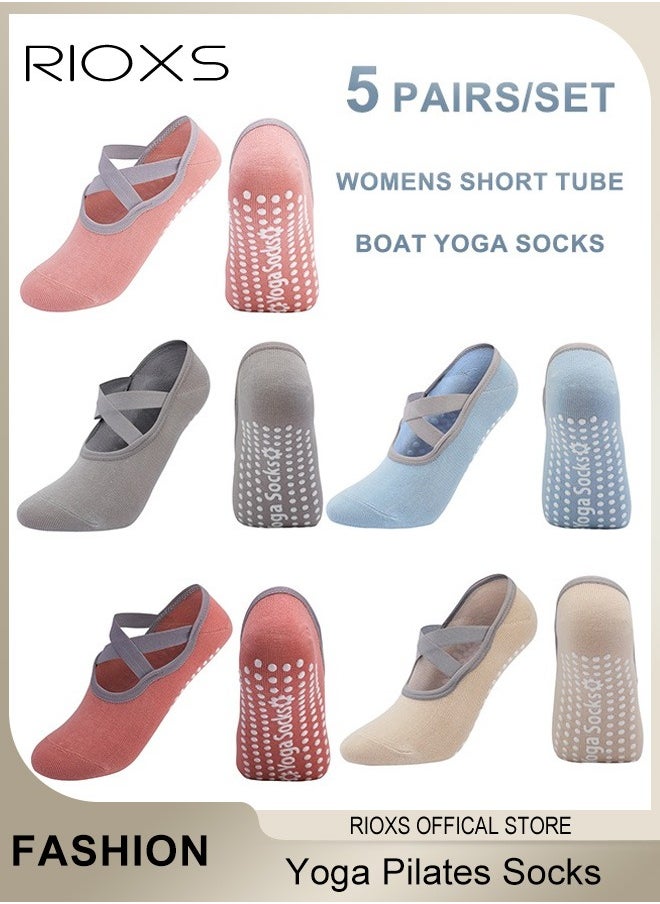 RIOXS 5 Pairs Yoga Socks For Women Non-Slip Grips & Straps Non Slip Socks For Yoga Pilates Ideal For Pilates Ballet Dance Barefoot Workout  - Image 1
