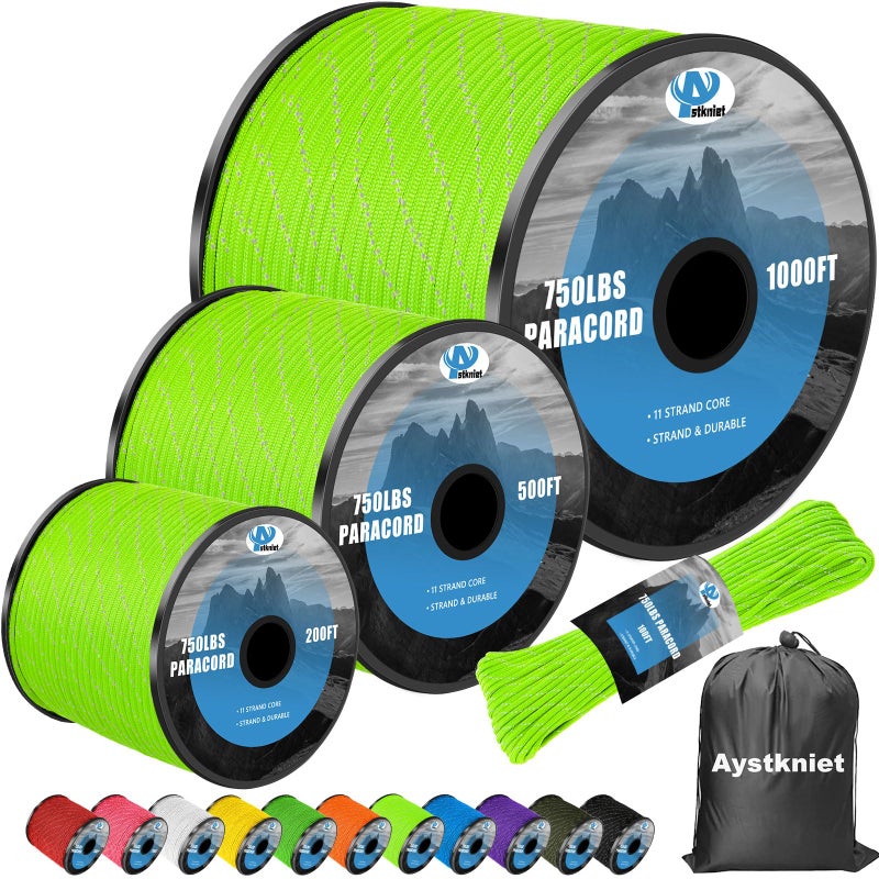 Aystkniet 750Ib Reflective Paracord Rope,100', 4mm 11 Strand Parachute Spool Cord with Collecting Bag, para Cord Lanyard for Hammock, Camping, Hiking - Image 1