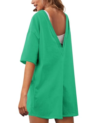 UANEO Rompers for Women Casual Oversized Athletic Jumpsuits Overalls Workout Hot Shot Tee Romper(Green-S) - Image 2