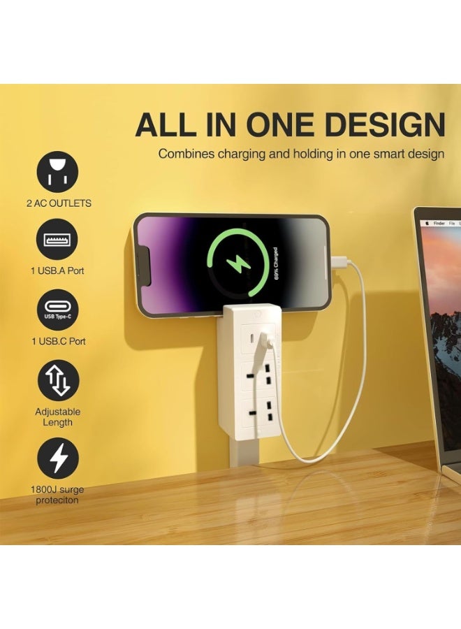 Outlet Extender with 2 AC Outlets & Dual USB Ports (USB-A/USB-C), Extends 17-27 Inches & Rotates 180° for Hard-to-Reach Outlets Behind Sofas, Nightstands, Desks - Image 2