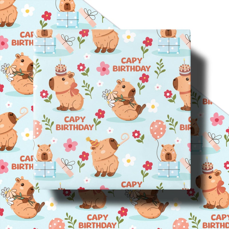 RUSPEPA Birthday Wrapping Paper Roll for Girls Boys, Mini Roll, Cute Capybara Capy Birthday Design with Balloon, Flower and Gift, Gift Wrap for Kids Party, Animal Party, 17 Inches x 16.4 Feet - Image 2