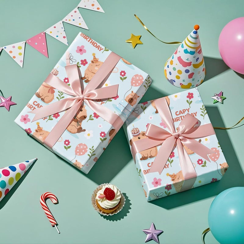 RUSPEPA Birthday Wrapping Paper Roll for Girls Boys, Mini Roll, Cute Capybara Capy Birthday Design with Balloon, Flower and Gift, Gift Wrap for Kids Party, Animal Party, 17 Inches x 16.4 Feet - Image 4