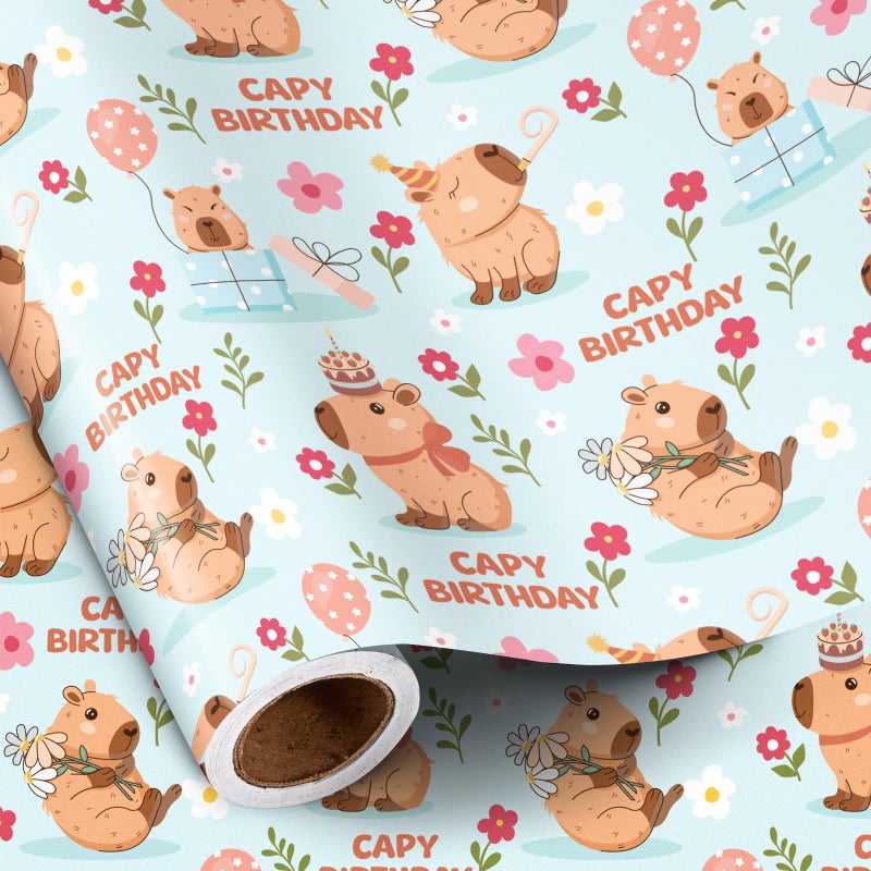 RUSPEPA Birthday Wrapping Paper Roll for Girls Boys, Mini Roll, Cute Capybara Capy Birthday Design with Balloon, Flower and Gift, Gift Wrap for Kids Party, Animal Party, 17 Inches x 16.4 Feet - Image 1