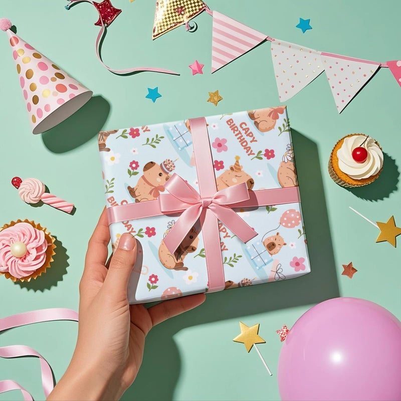 RUSPEPA Birthday Wrapping Paper Roll for Girls Boys, Mini Roll, Cute Capybara Capy Birthday Design with Balloon, Flower and Gift, Gift Wrap for Kids Party, Animal Party, 17 Inches x 16.4 Feet - Image 3