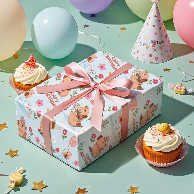 RUSPEPA Birthday Wrapping Paper Roll for Girls Boys, Mini Roll, Cute Capybara Capy Birthday Design with Balloon, Flower and Gift, Gift Wrap for Kids Party, Animal Party, 17 Inches x 16.4 Feet - Image 5