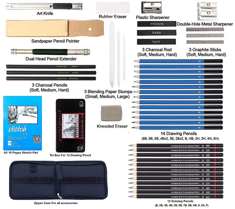 Wynhard Drawing Pencils 47 Pcs Shading Pencils Set Drawing Kit Sketching Kit Sketch Pencils Set for Artists Charcoal Pencils for Artists Pencils for Artists Kit Graphite Pencil Set Artist Pencil Set - Image 2