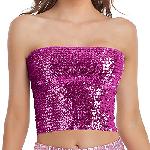 Fenyong Womens Sparkly Sequin Mermaid Crop Tops, Strapless Metallic Tube Tops for Party Clubwear(Hot Pink) - Image 1