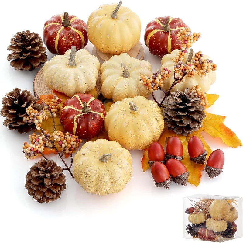 Artgar Pumpkin Decor Set, 23 PCS Fall Harvest Decorations Including Mini Pumpkins, Acorns, Pinecones, Berries, Maple Leaves for Home Table Wedding DIY Fall Halloween Thanksgiving Decor - Image 1