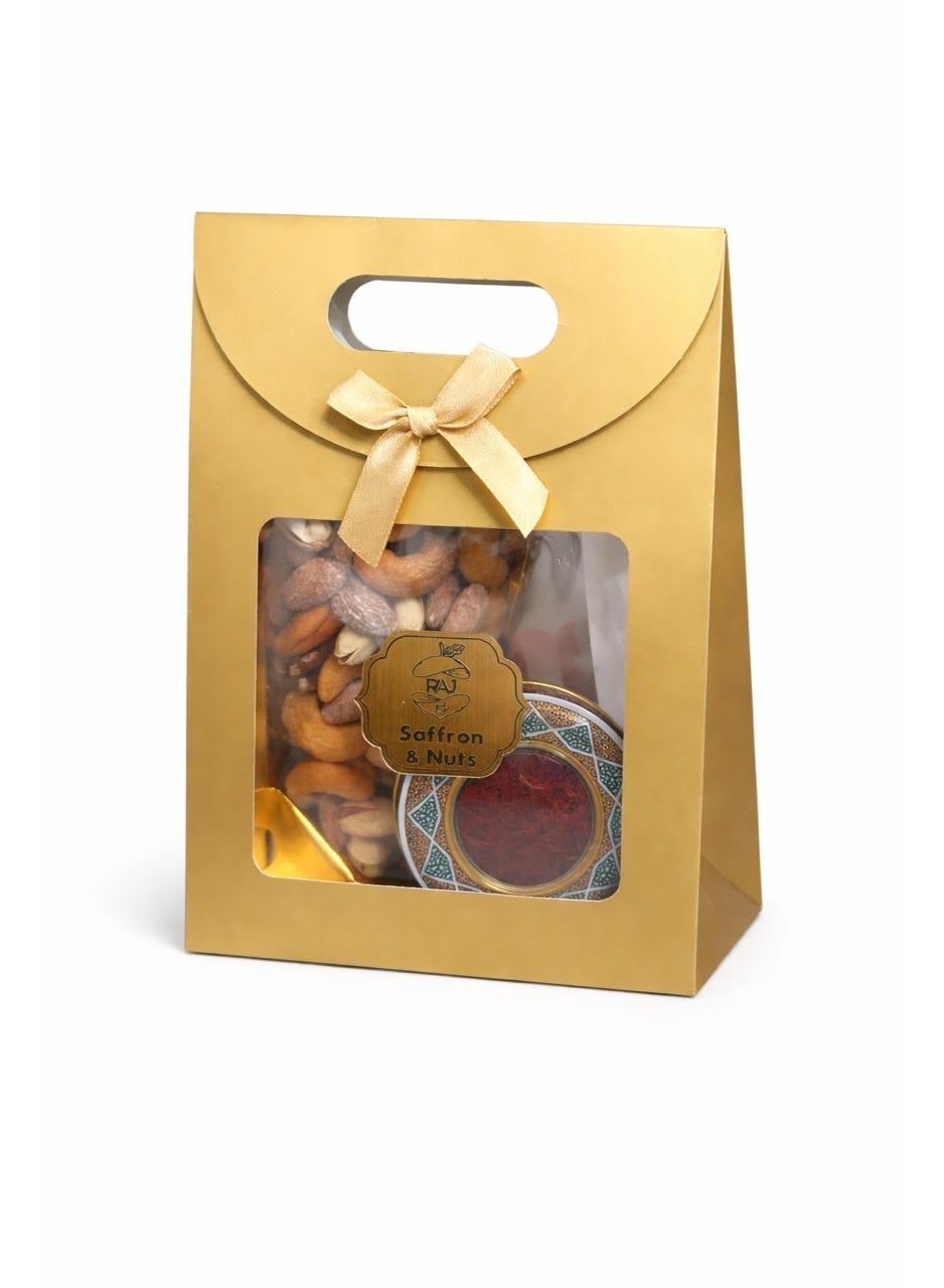 Raj Saffrons & Nuts Luxury Dry Fruits Hamper with 1g Premium Saffron & 200g Almonds, Cashews & Pistachios Combo in Elegant Gold Box I Ideal for Ramadan, Eid, Diwali, weddings, and corporate gifts