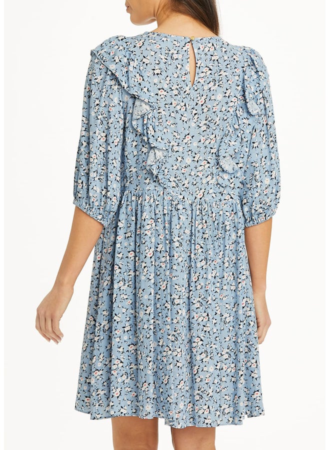 Matalan Blue Floral Crinkle Puff Sleeve Dress - Image 3