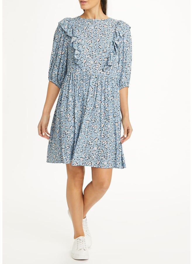 Matalan Blue Floral Crinkle Puff Sleeve Dress - Image 2