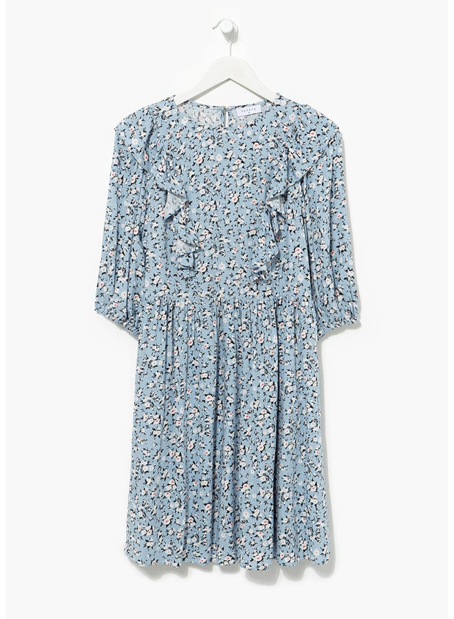 Matalan Blue Floral Crinkle Puff Sleeve Dress - Image 1