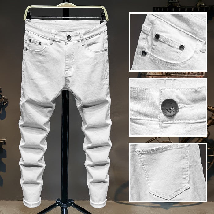 Generic Spring and Summer 2021 New Pure Black Pencil Pants Pure White Teenager Slim-fit Skinny Korean Jeans Mens Trousers White  - Image 1