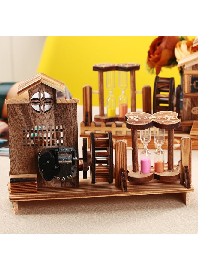Creative Wooden Wind-up Music Box With Rotating Hourglass Retro Water Wheel Music Box Student Friend Couple Gift-Color:Color Mix-Dimensions:245mm*175mm