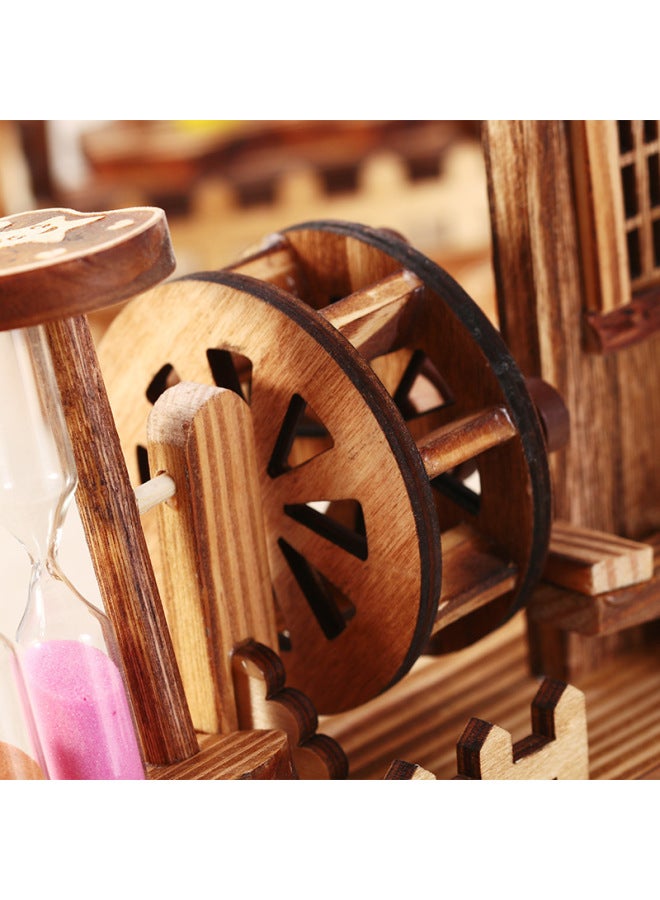 Creative Wooden Wind-up Music Box With Rotating Hourglass Retro Water Wheel Music Box Student Friend Couple Gift-Color:Color Mix-Dimensions:245mm*175mm