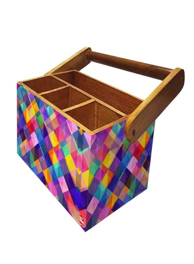 Nutcase Teak Wood Spoon Stand For Dining Table Cutlery Holder with handle For Kitchen Spoons Storage Box With Napkin Holder (6 x 8.6x 4.5 in) - Multicolor Checks - Image 5