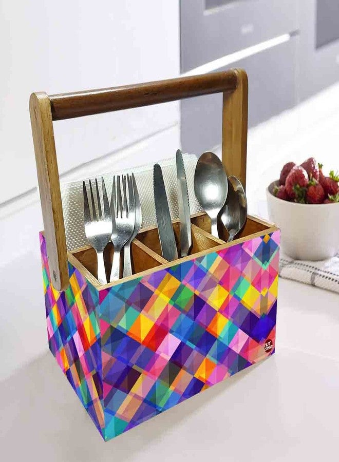 Nutcase Teak Wood Spoon Stand For Dining Table Cutlery Holder with handle For Kitchen Spoons Storage Box With Napkin Holder (6 x 8.6x 4.5 in) - Multicolor Checks - Image 2