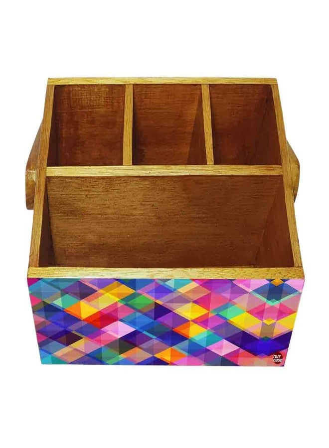 Nutcase Teak Wood Spoon Stand For Dining Table Cutlery Holder with handle For Kitchen Spoons Storage Box With Napkin Holder (6 x 8.6x 4.5 in) - Multicolor Checks - Image 4